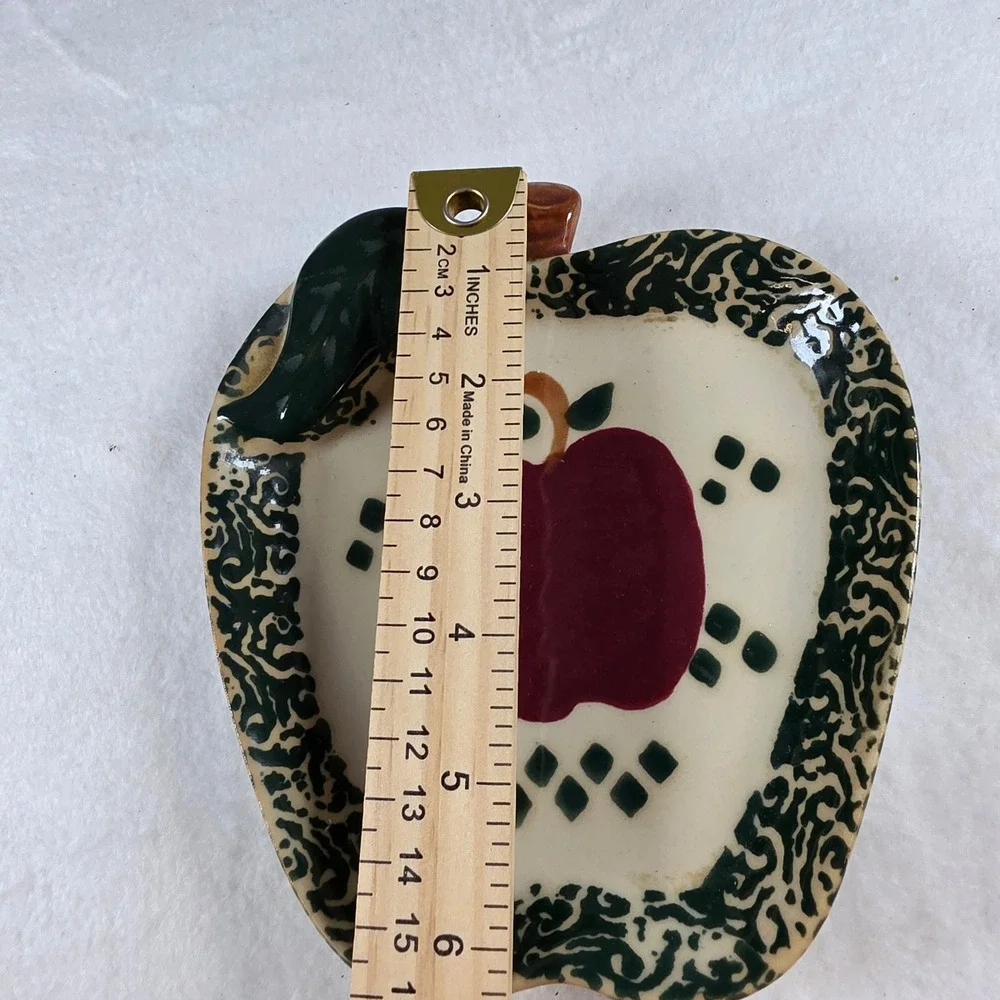 Apple Shaped Ceramic Trinket Dish Red Green Farmhouse Decor Small Plate 6 Inch‎